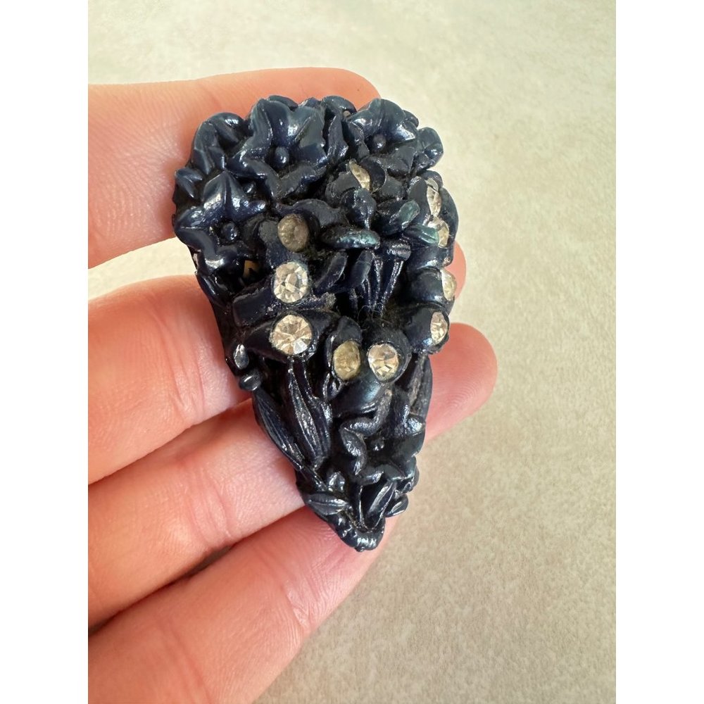 Antique Art Deco 1930s navy blue celluloid clear rhinestones floral pin brooch - Picture 3 of 6